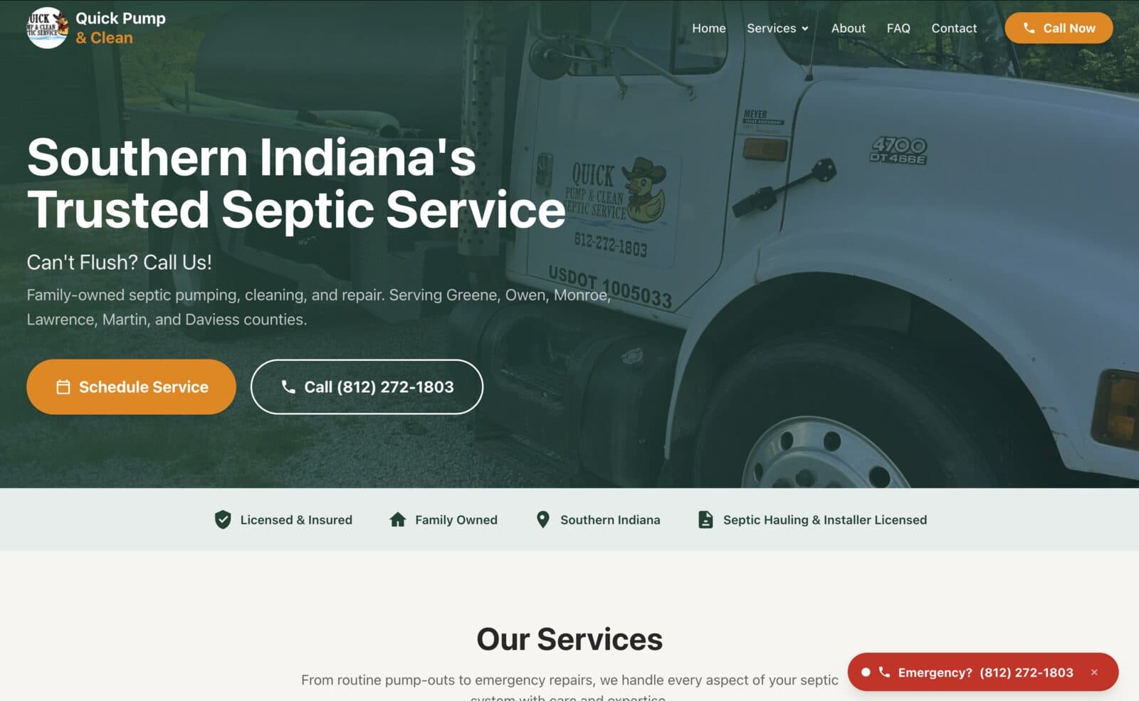 Quick Pump and Clean homepage: custom-built website for a septic service company